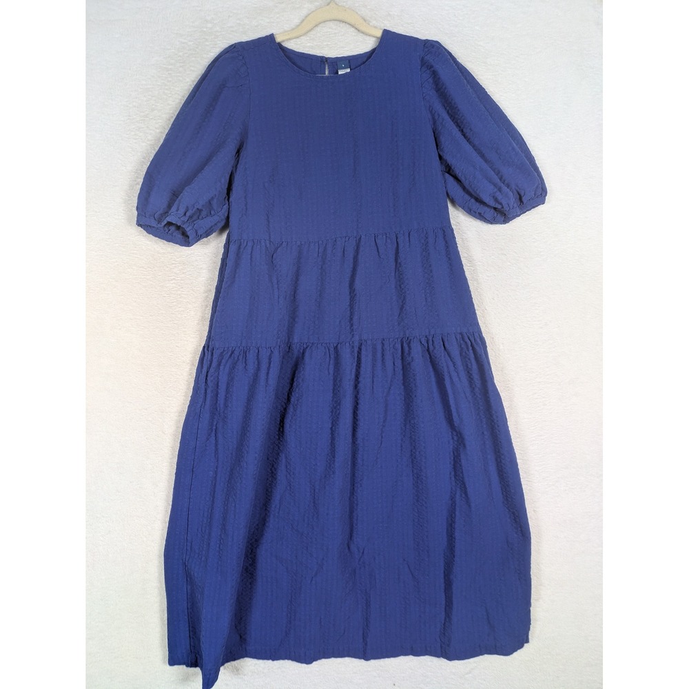 Old Navy Dress Women's Small Blue Tiered Puff Sleeve Seersucker Midi